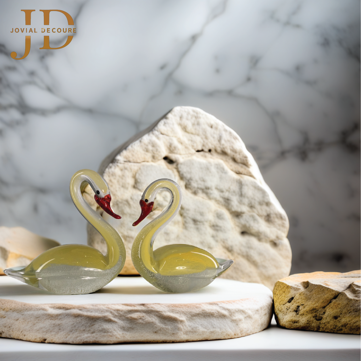 Yellow Glass Swan Pair Heart-Shaped