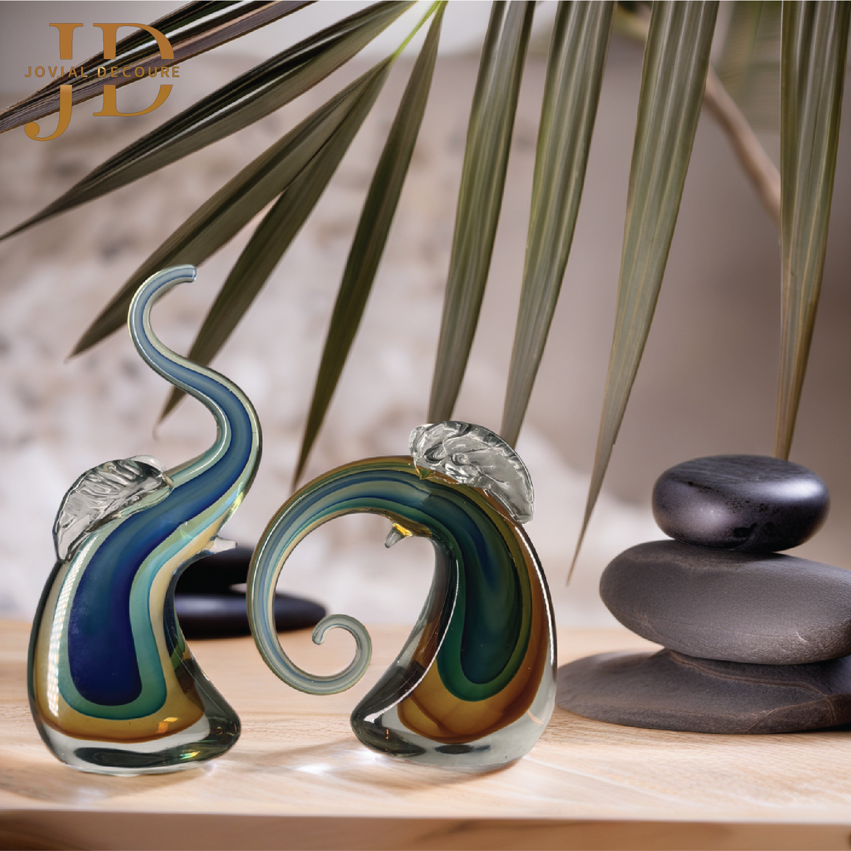 Elephant Art Glass Sculpture Set of 2