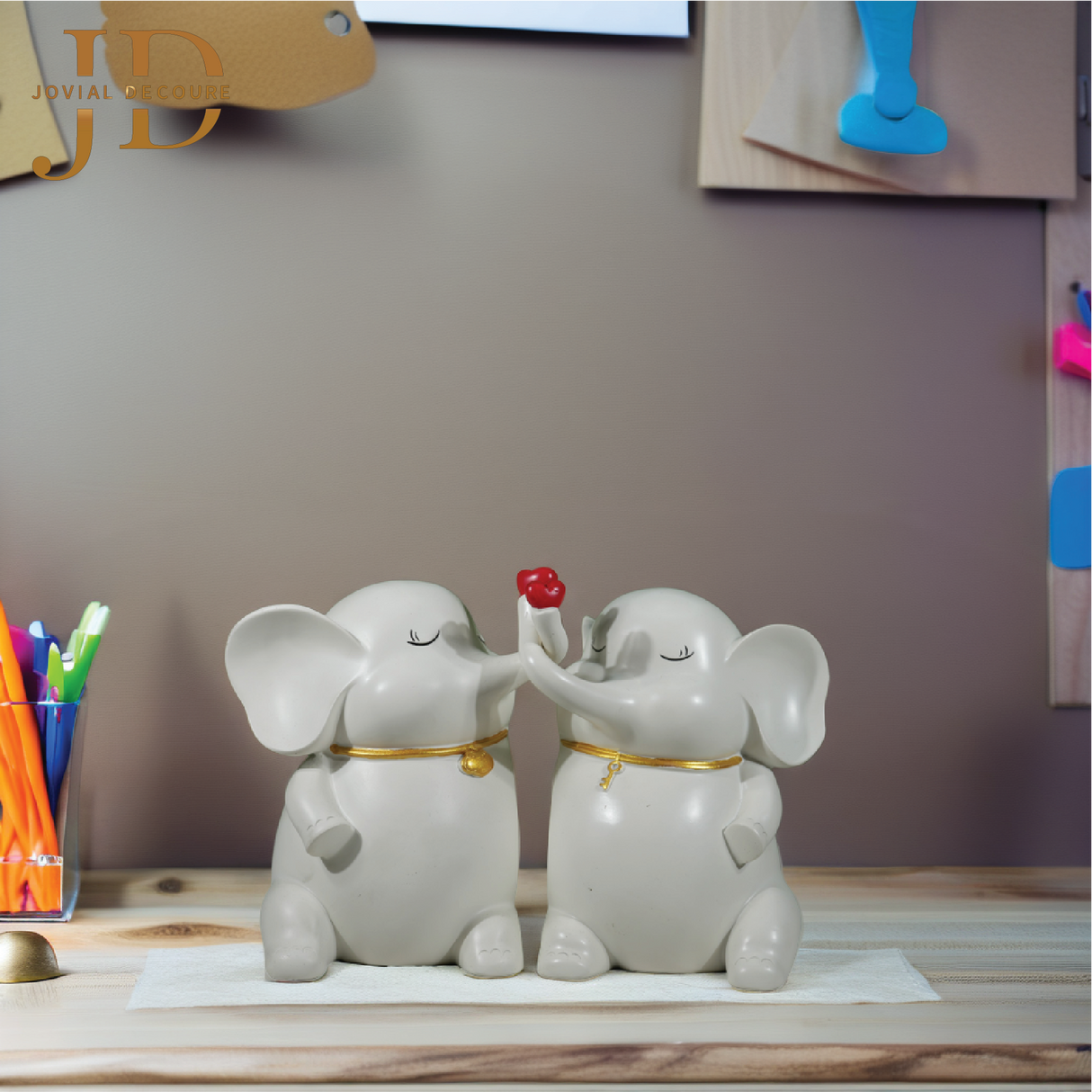 Couple Elephant with Red Hearts Antique White