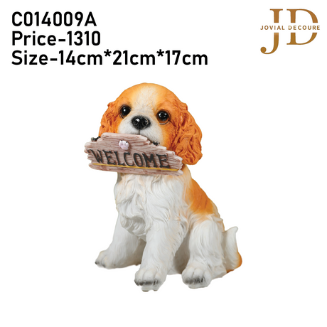 Sitting Dog with Brown Welcome Sign on Wooden