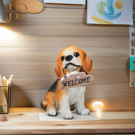 Sitting Dog with Brown Welcome Sign on Wooden