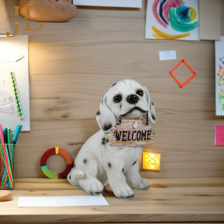 Sitting Dog with Brown Welcome Sign on Wooden