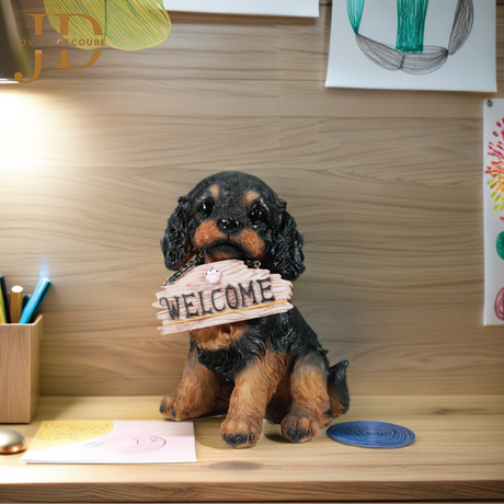 Sitting Dog with Brown Welcome Sign on Wooden