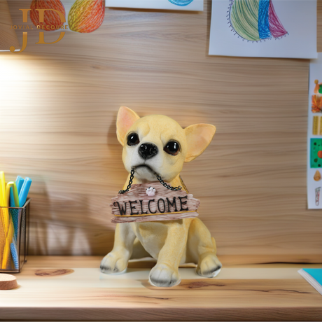 Sitting Dog with Brown Welcome Sign on Wooden