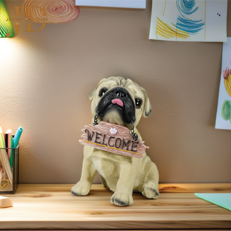 Sitting Dog with Brown Welcome Sign on Wooden