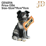 Sitting Dog with Orange Welcome Sign on Wooden