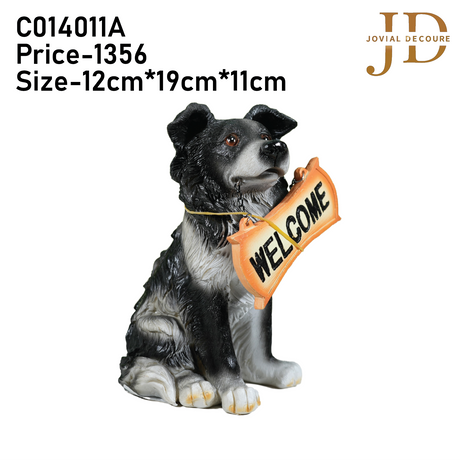 Sitting Dog with Orange Welcome Sign on Wooden