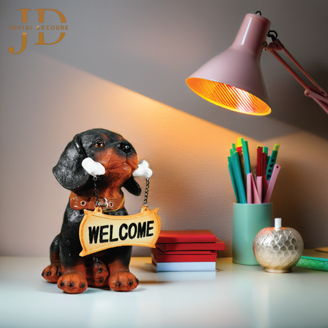 Sitting Dog with Orange Welcome Sign on Wooden