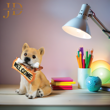 Sitting Dog with Orange Welcome Sign on Wooden