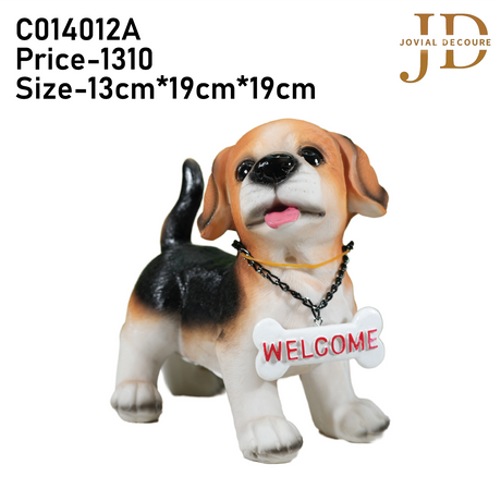 Standing Dog with White-Red Welcome Sign on Wooden