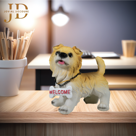 Standing Dog with White-Red Welcome Sign on Wooden
