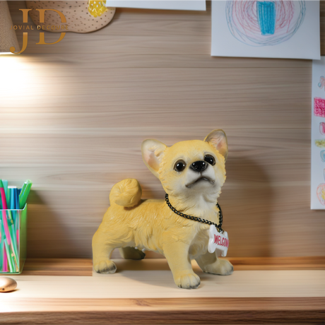Standing Dog with White-Red Welcome Sign on Wooden