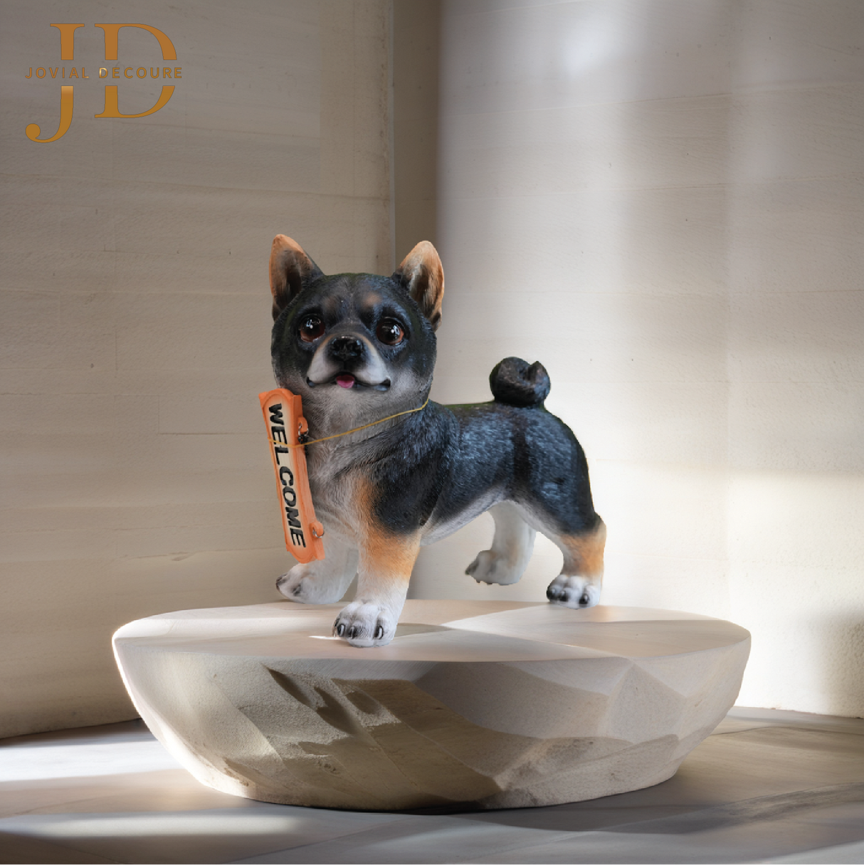 Standing Dog with Orange Welcome Sign on Wooden