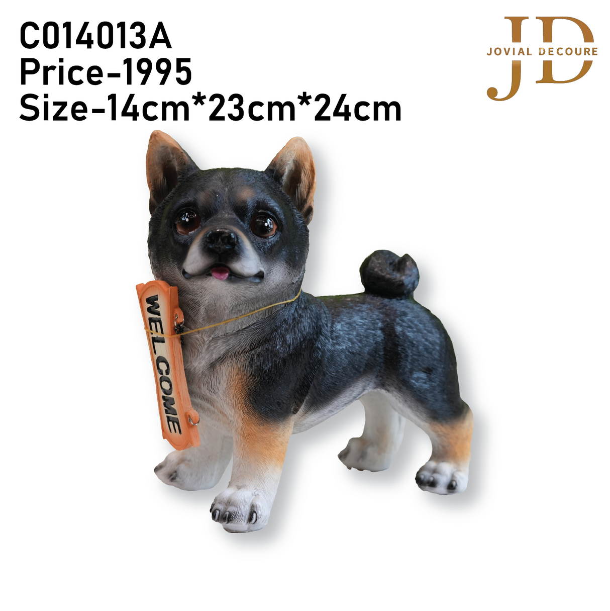 Standing Dog with Orange Welcome Sign on Wooden