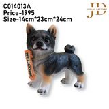 Standing Dog with Orange Welcome Sign on Wooden