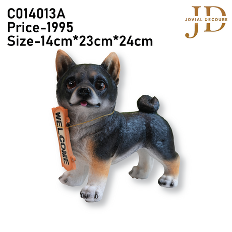 Standing Dog with Orange Welcome Sign on Wooden