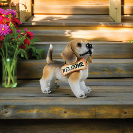 Standing Dog with Orange Welcome Sign on Wooden