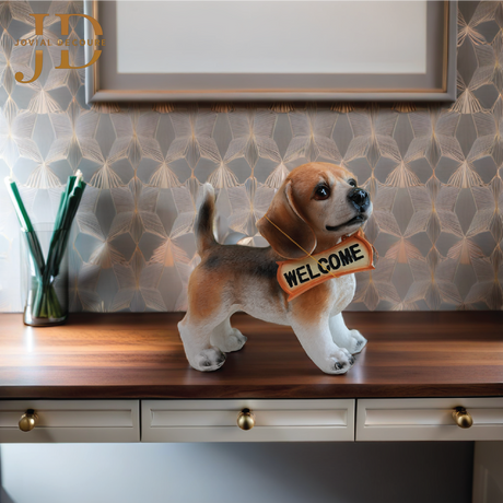 Standing Dog with Orange Welcome Sign on Wooden
