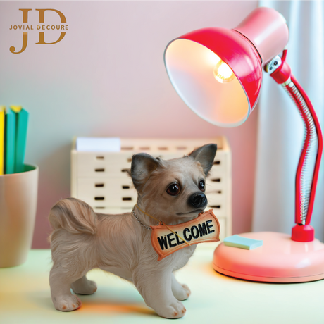 Standing Dog with Orange Welcome Sign on Wooden
