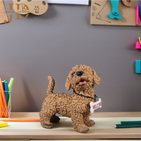 Standing Dog with White-Red Welcome Sign on Wooden