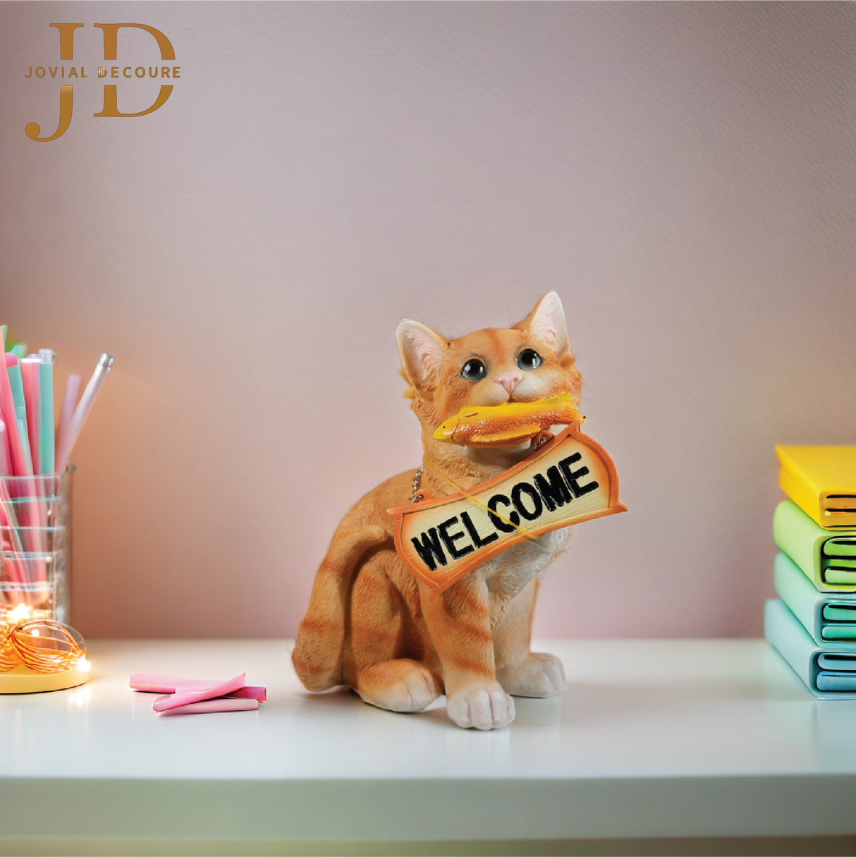 Sitting Cat with Fish Orange Welcome Sign on Wooden