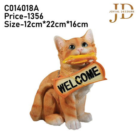 Sitting Cat with Fish Orange Welcome Sign on Wooden