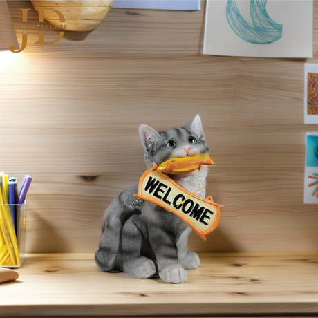 Sitting Cat with Fish Orange Welcome Sign on Wooden