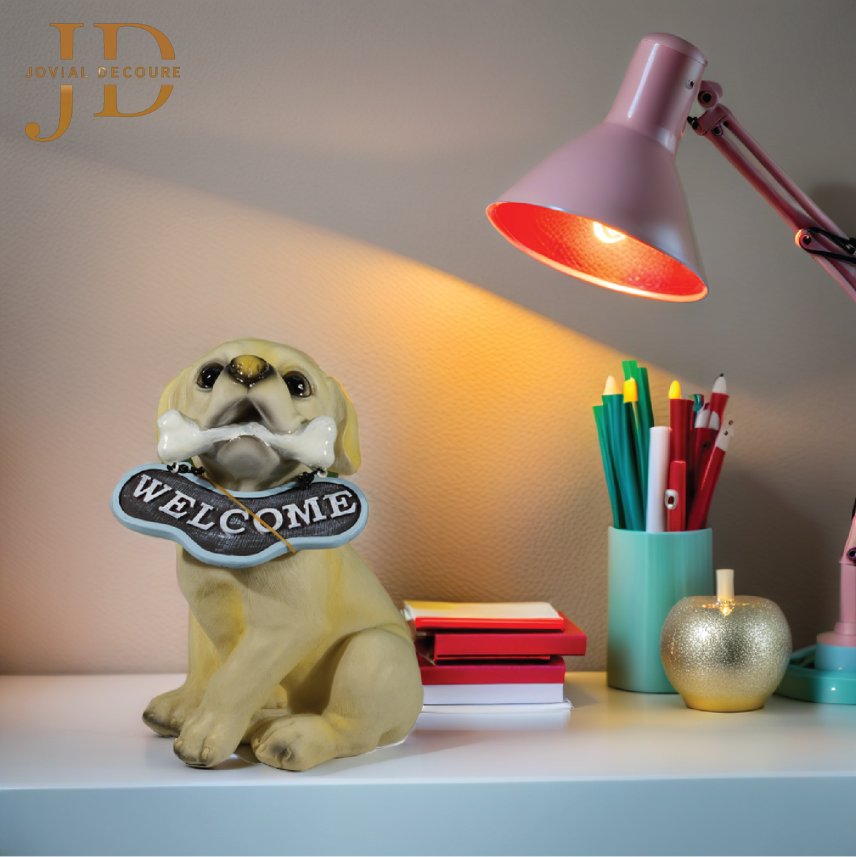 Sitting Dog with Black Welcome Sign