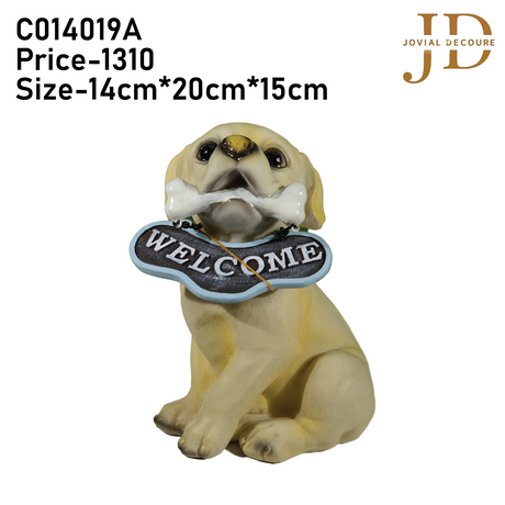 Sitting Dog with Black Welcome Sign