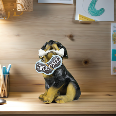 Sitting Dog with Black Welcome Sign