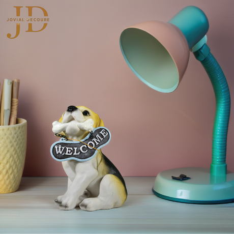 Sitting Dog with Black Welcome Sign