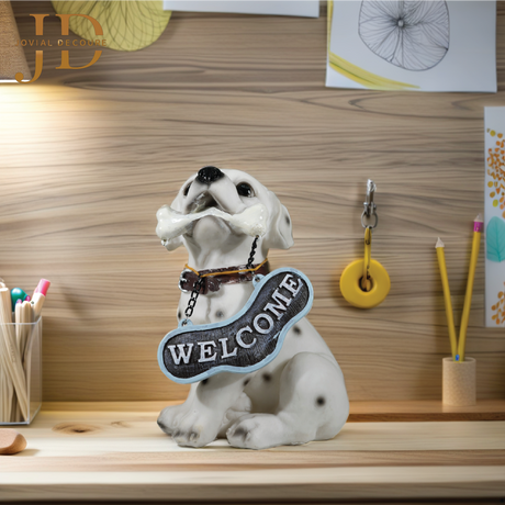Sitting Dog with Black Welcome Sign
