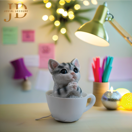 White Cat in Cup Statue (Piggy Bank)