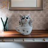 White Cat in Cup Statue (Piggy Bank)