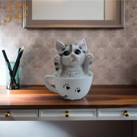White Cat in Cup Statue (Piggy Bank)