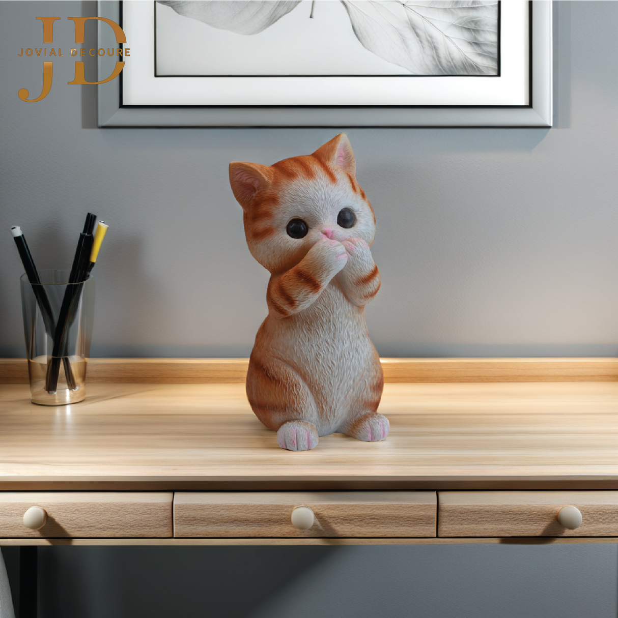 Cute Gold Cat Standing Statue for Desk