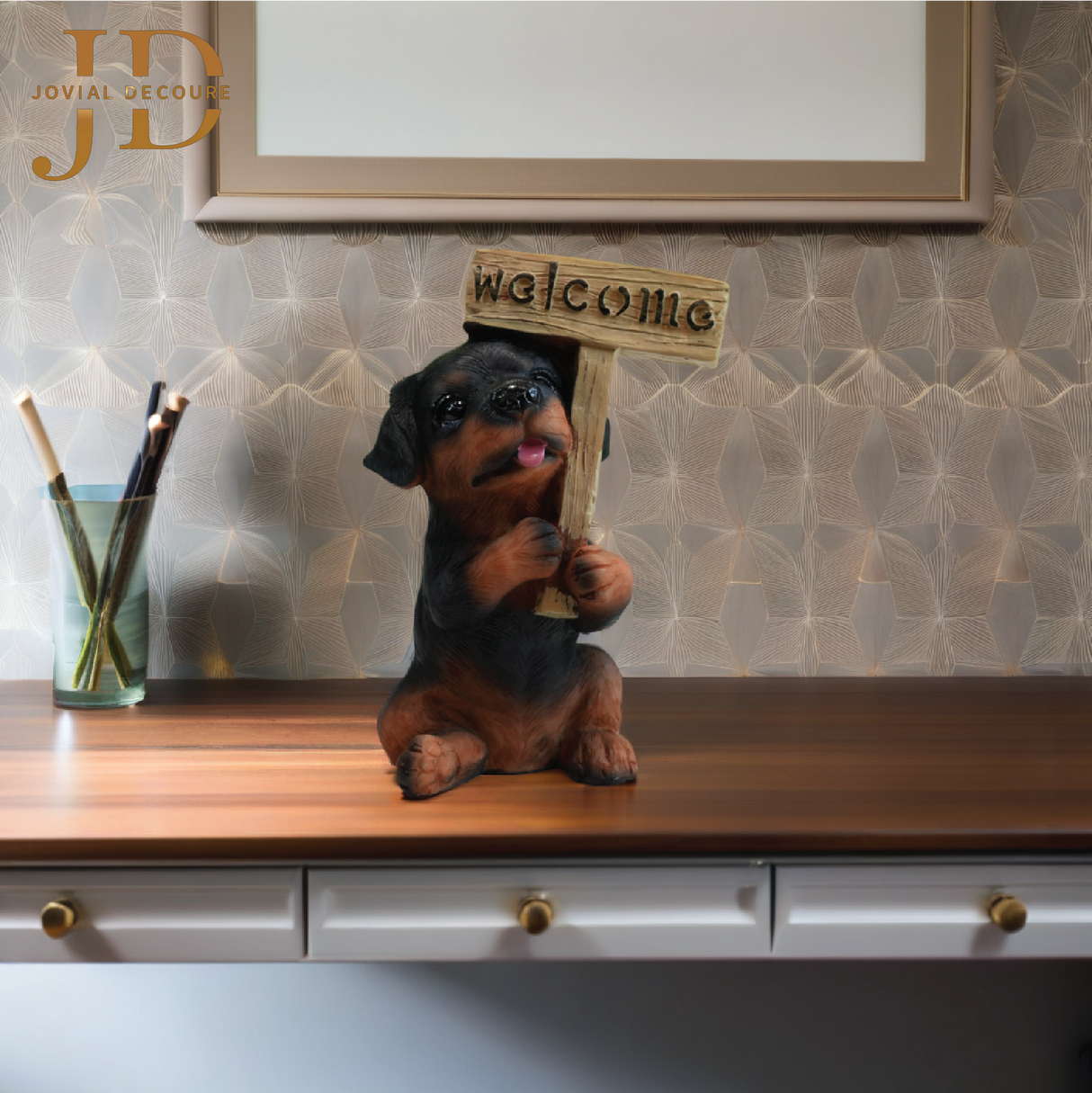 Cute Puppy Holding Welcome Stand