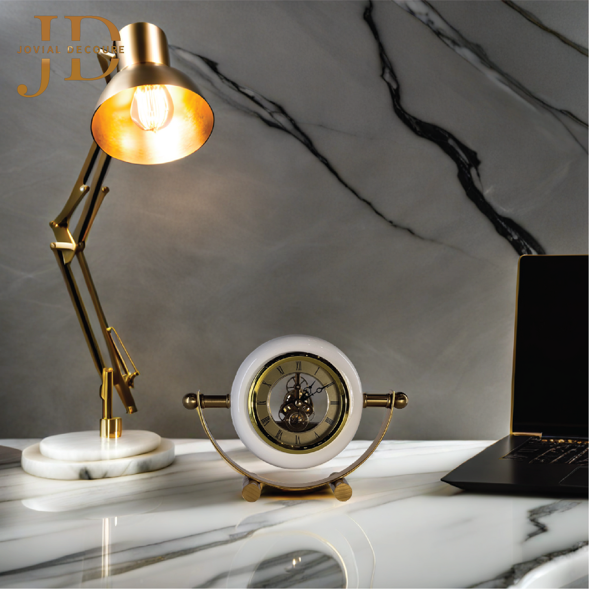 Brass Table Clock White-Golden