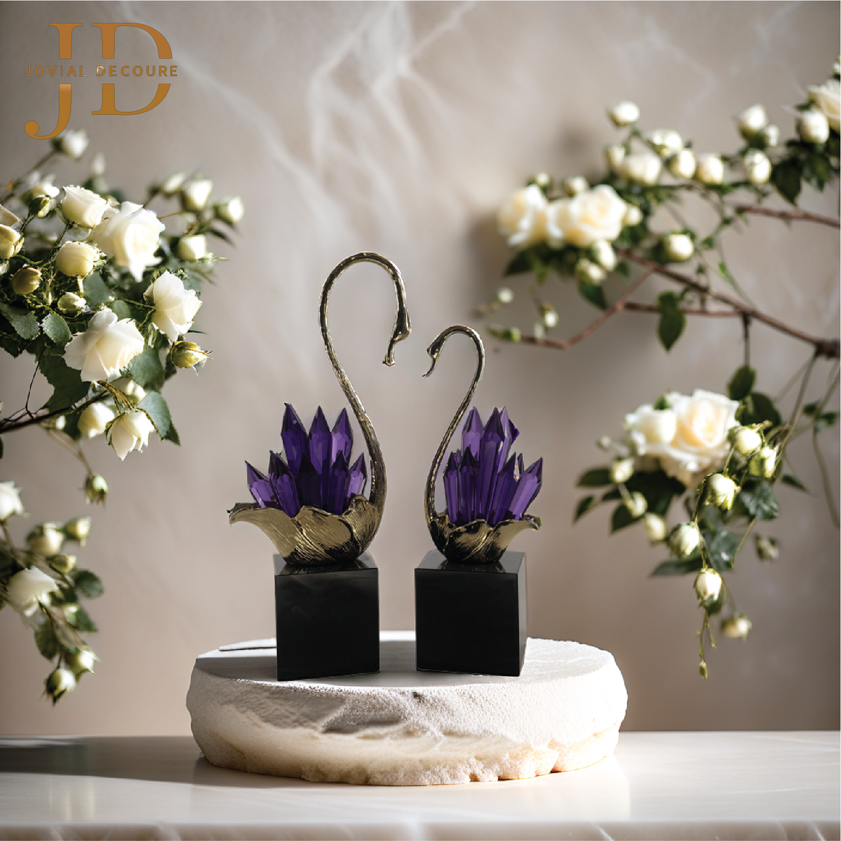 Crystal Purple Elegant Swan Statue Golden (Set of 2)