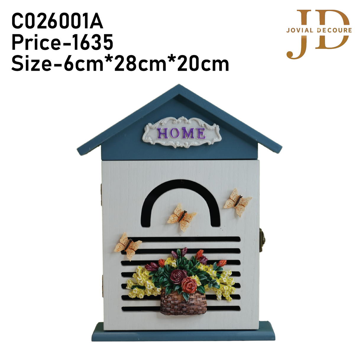 Decorative Wall Mount Key Holder, Floral Basket & Butterfly Design with “Home” Sign, 28x20x6 cm