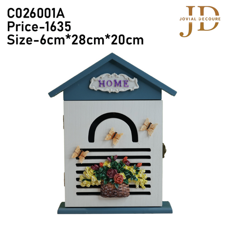 Decorative Wall Mount Key Holder, Floral Basket & Butterfly Design with “Home” Sign, 28x20x6 cm
