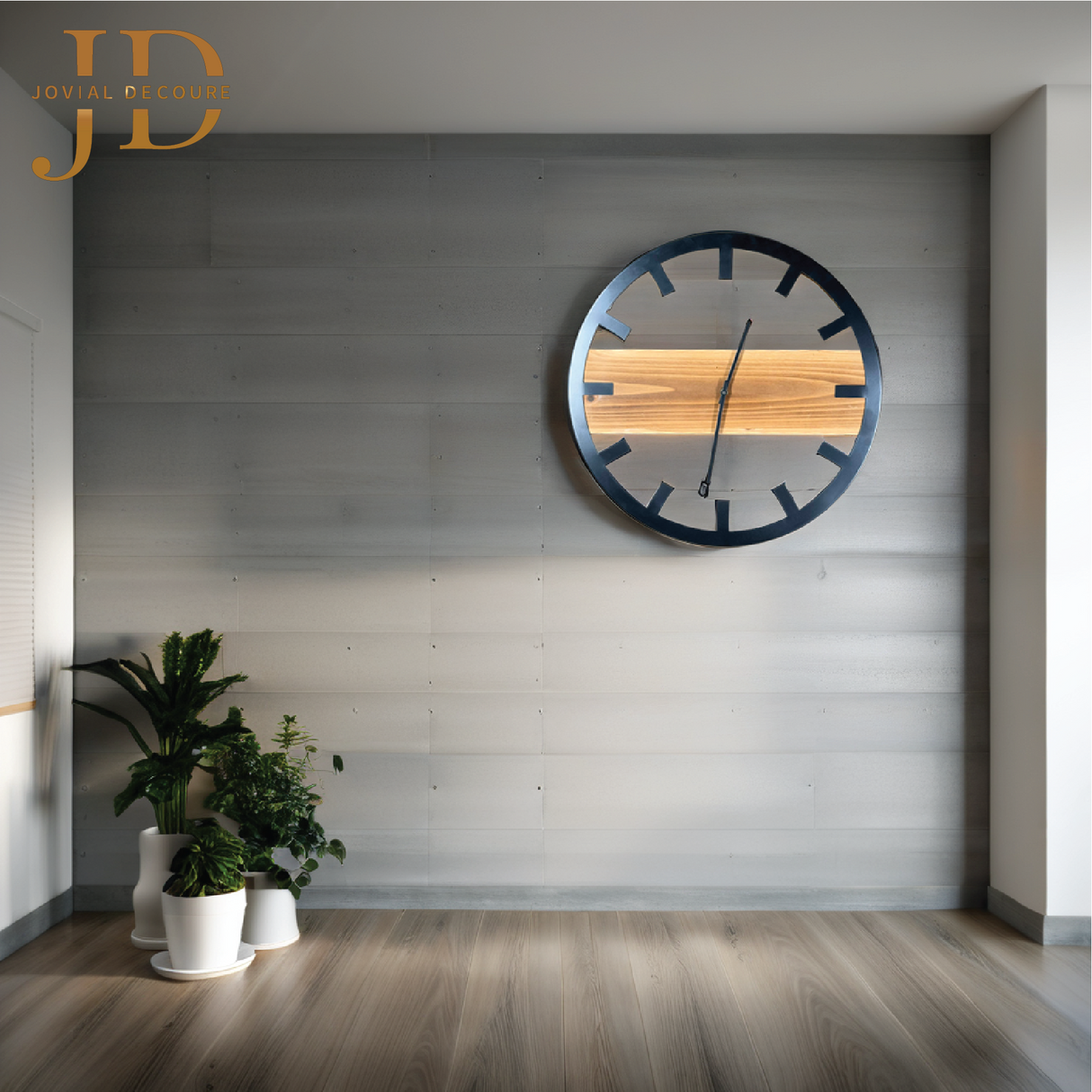 Metal Frame Wall Clock with Wooden Block