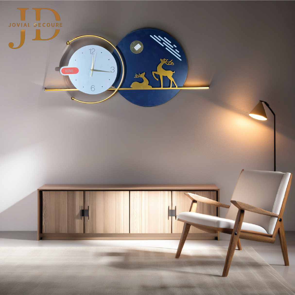 Fancy Deer with Golden Metal Wall Clock for Home Decor