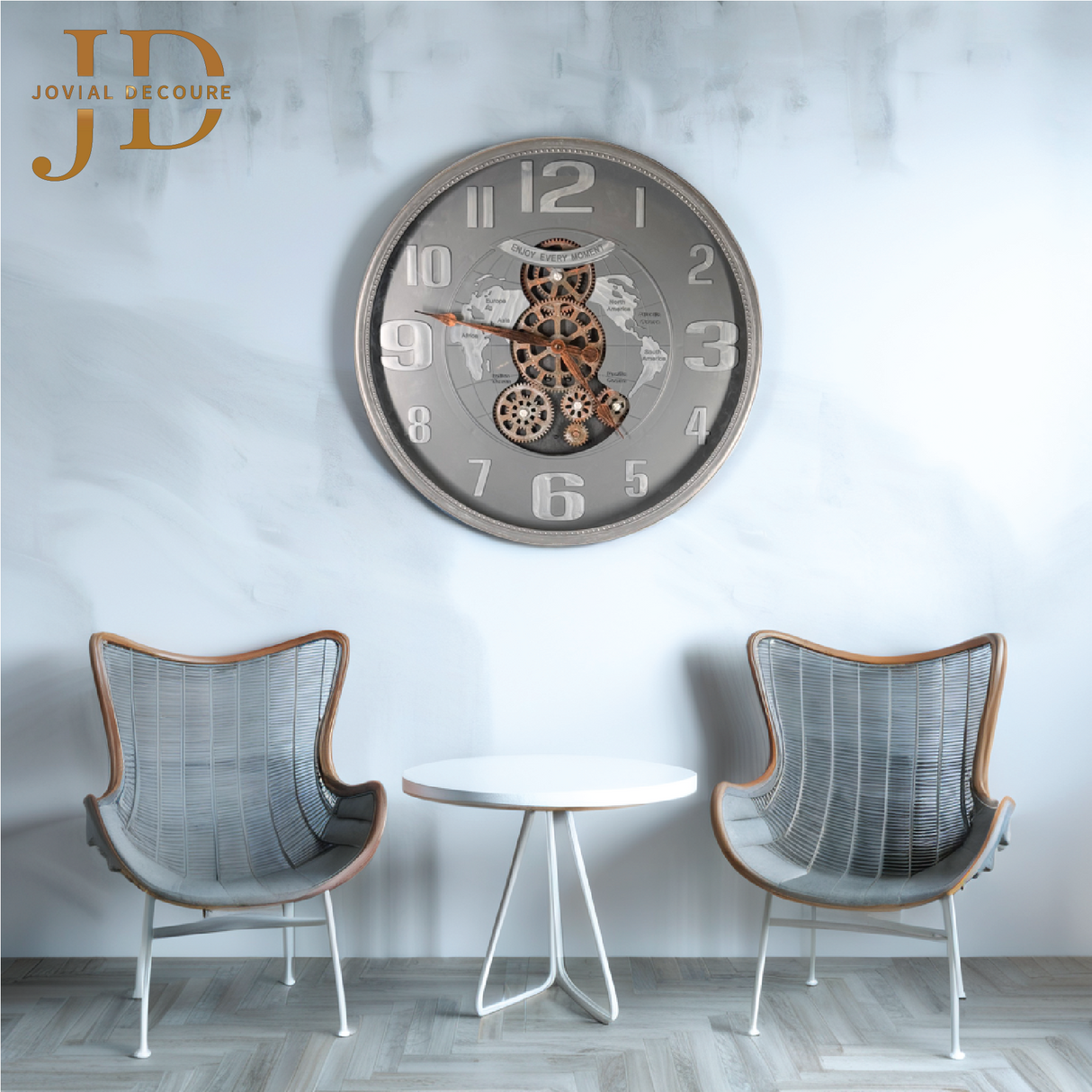 Wall Clock with Moving Gear World Map Grey Colour